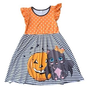 Penelope Plumm Orange White Halloween Festive Dress Short Ruffle Sleeves Size 12